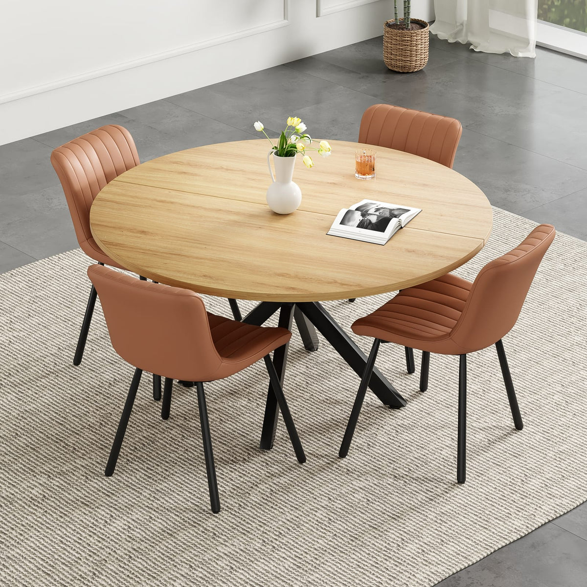 47 Inch Round Metal & Wood Dining Table - Natural