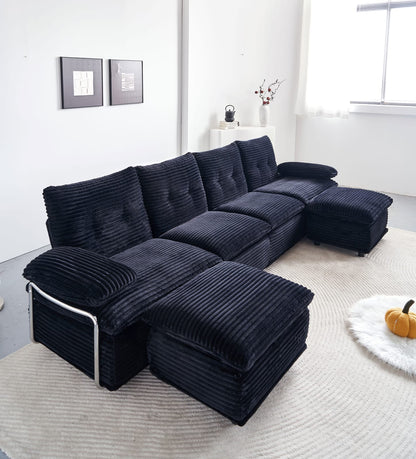 Black Corduroy Sectional Sofa - 4 Seat with Ottomans