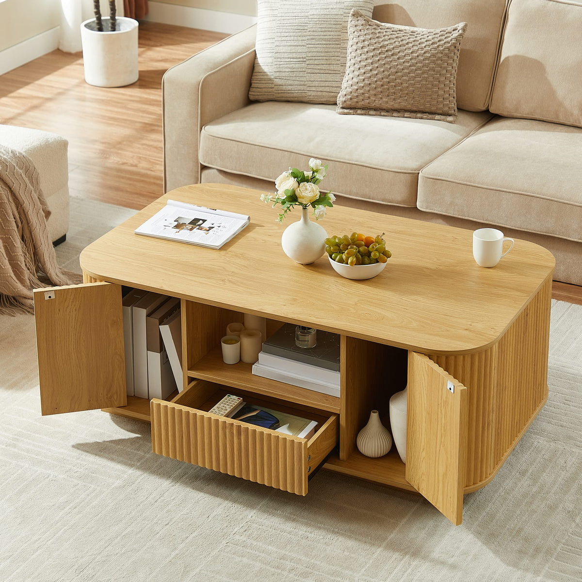46.5" Natural MDF Coffee Table with Drawers & Storage for Living Room