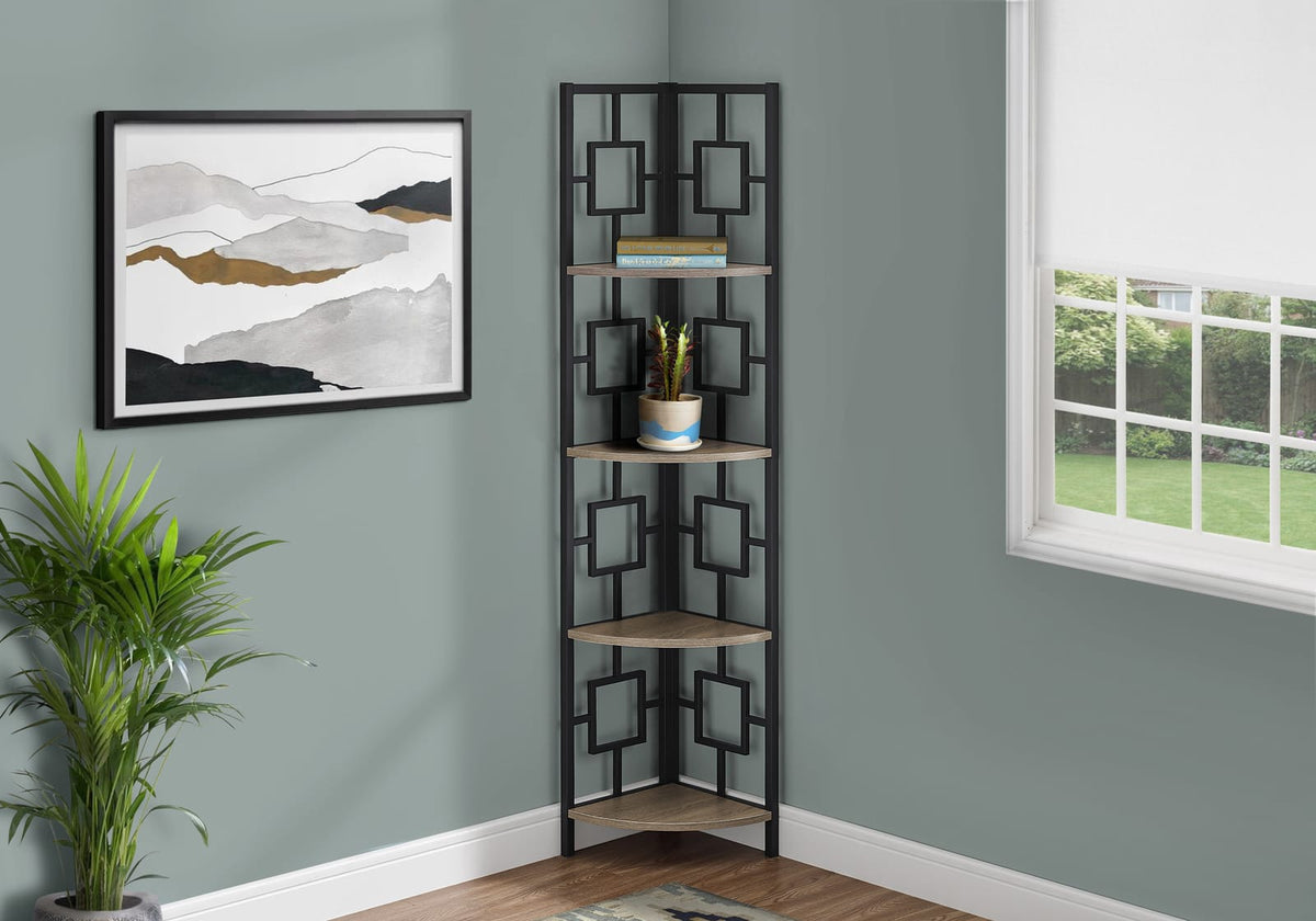 4 Tier Taupe Metal Corner Bookshelf - 62"H for Living Room
