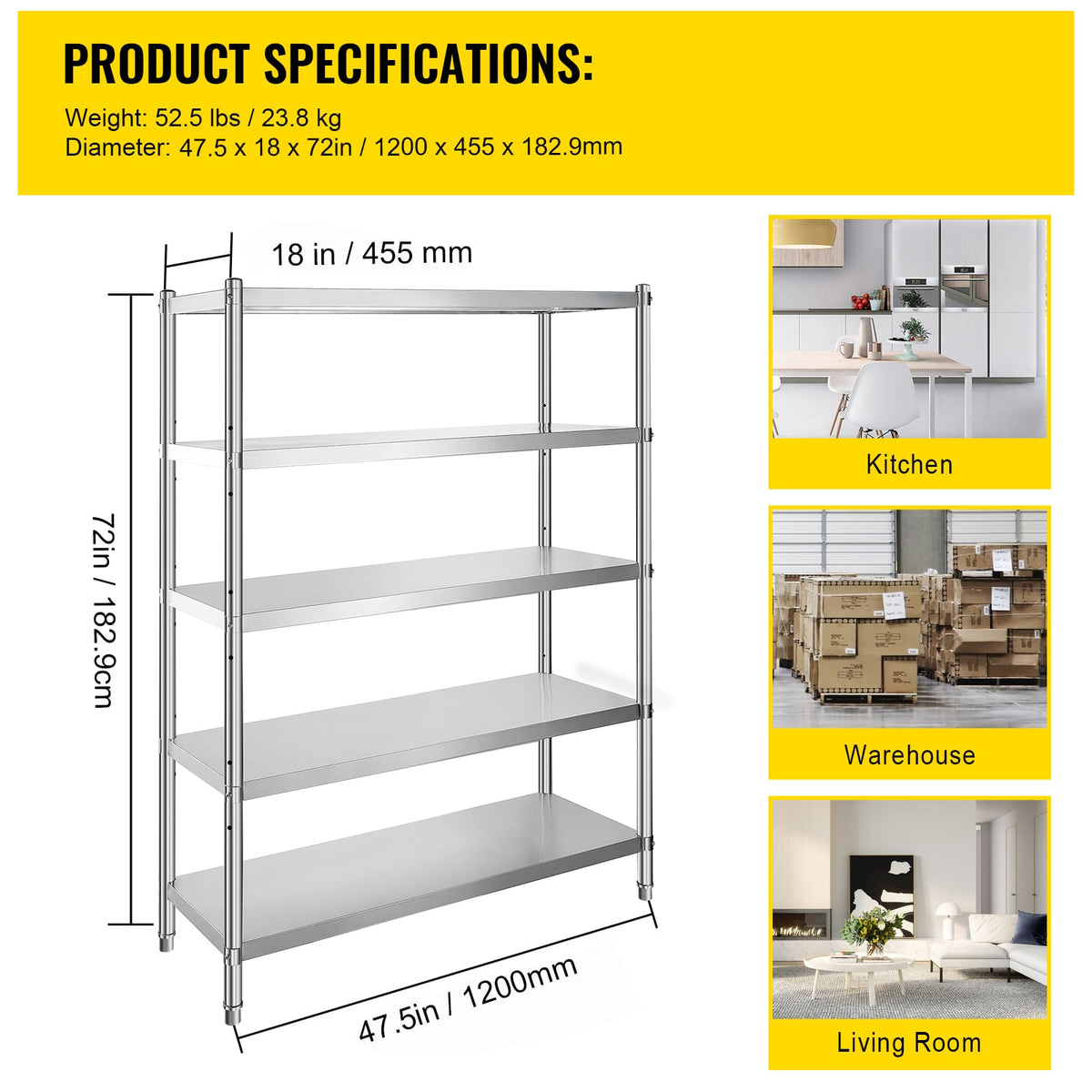 Stainless Steel Shelving Unit - 5 Tier Adjustable Storage Rack
