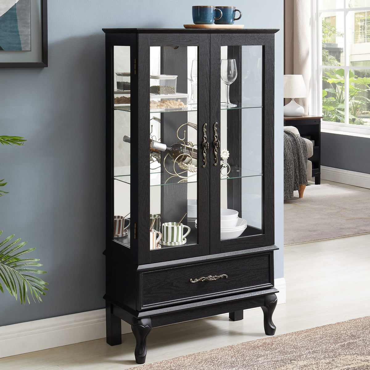 Black Glass Curio Cabinet - Display Cabinet with LED Lights