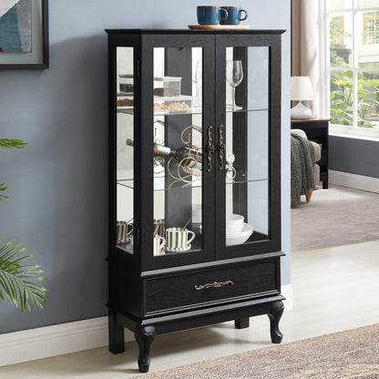Black Glass Curio Cabinet - Display Cabinet with LED Lights