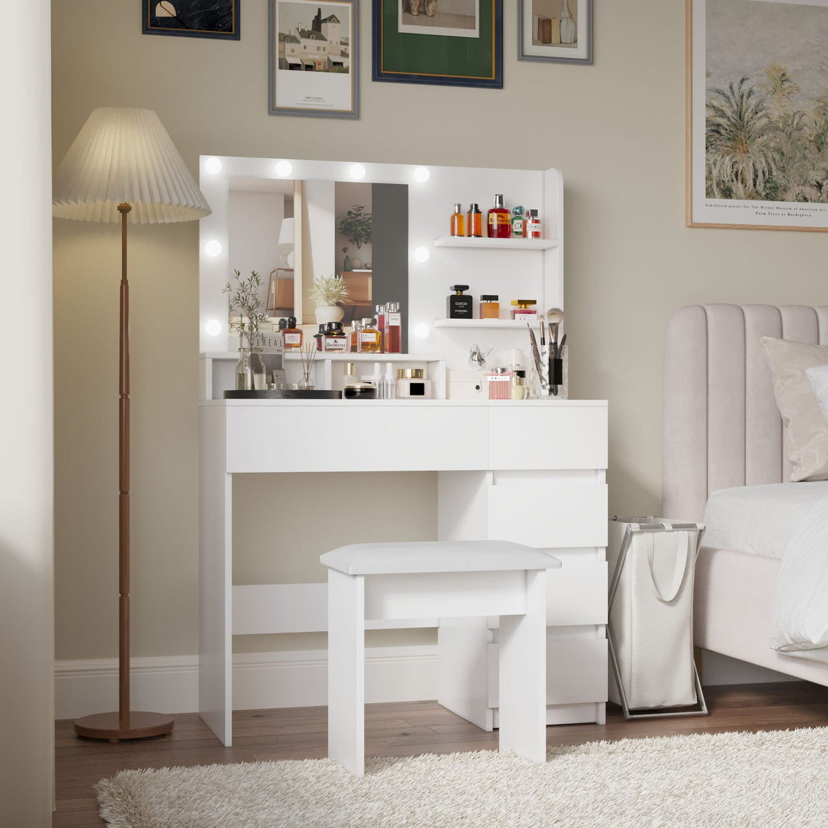 White Makeup Vanity Desk Set with Mirror & Lights - 4 Drawers