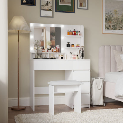 White Makeup Vanity Desk Set with Mirror & Lights - 4 Drawers