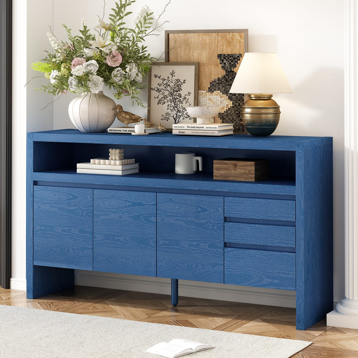 Navy Blue Solid Wood Sideboard 60" - Entryway Storage Cabinet