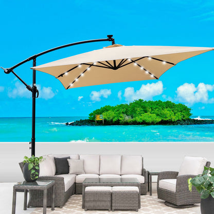 Large Tan Steel Patio Umbrella with Solar LED Lights