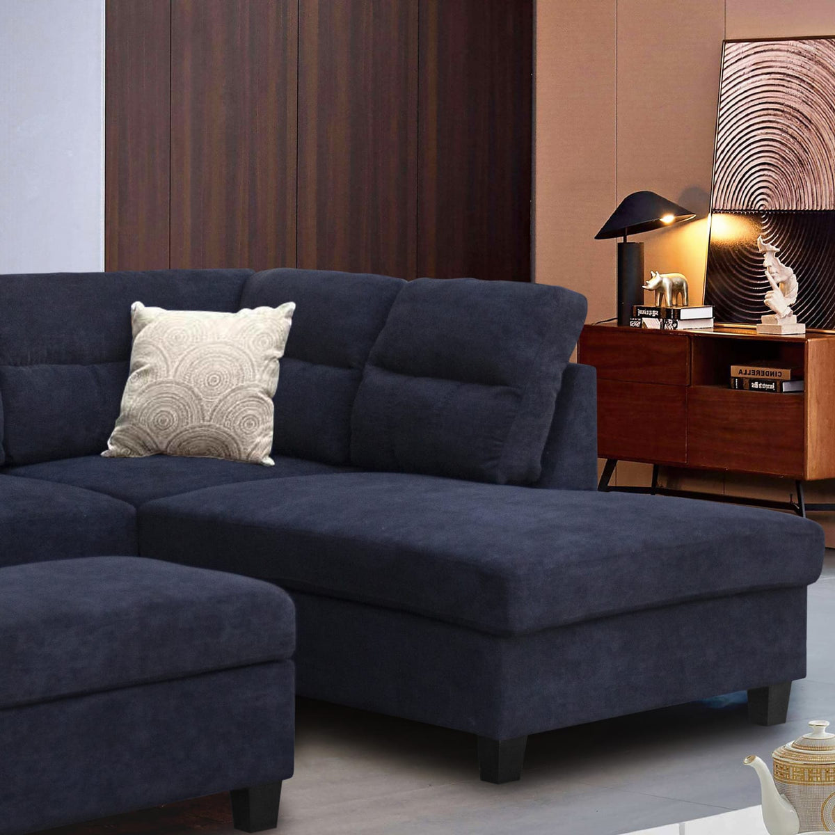 100" Black Fabric Sectional Sofa with Ottoman for Living Room