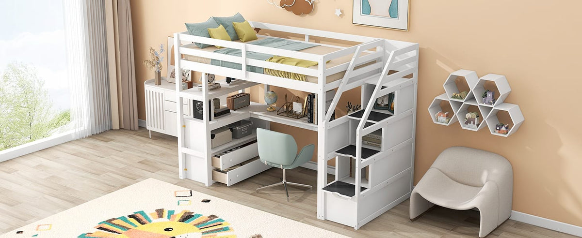 Twin Size Loft Bed with Desk - Storage & Staircase, White