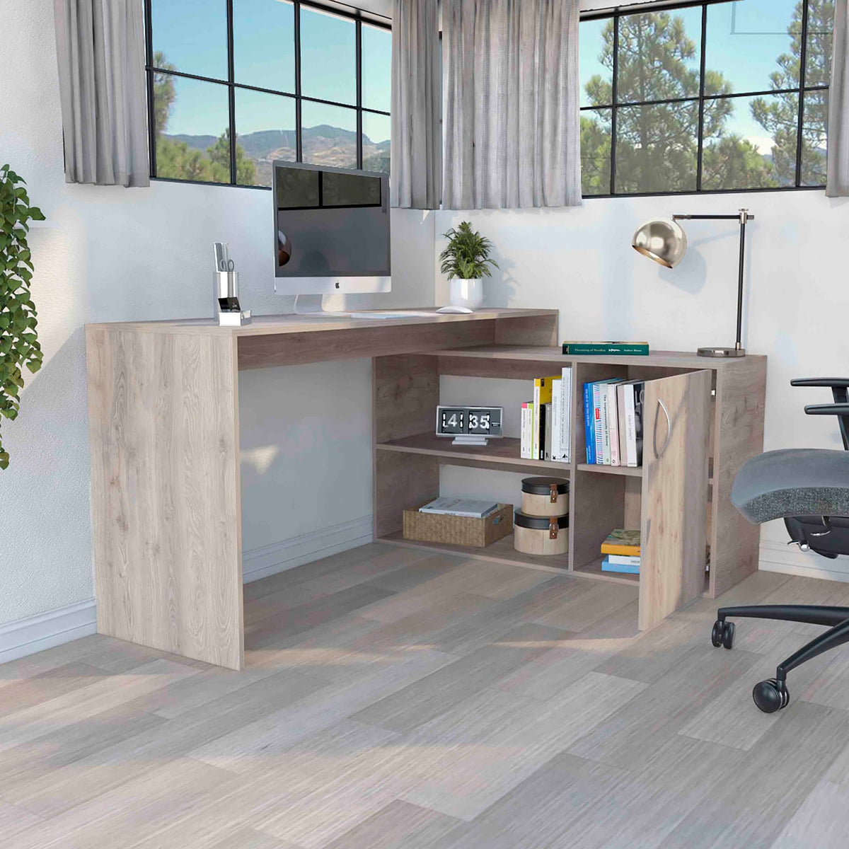Modern Gray L-Shaped Computer Desk with Open Storage for Office