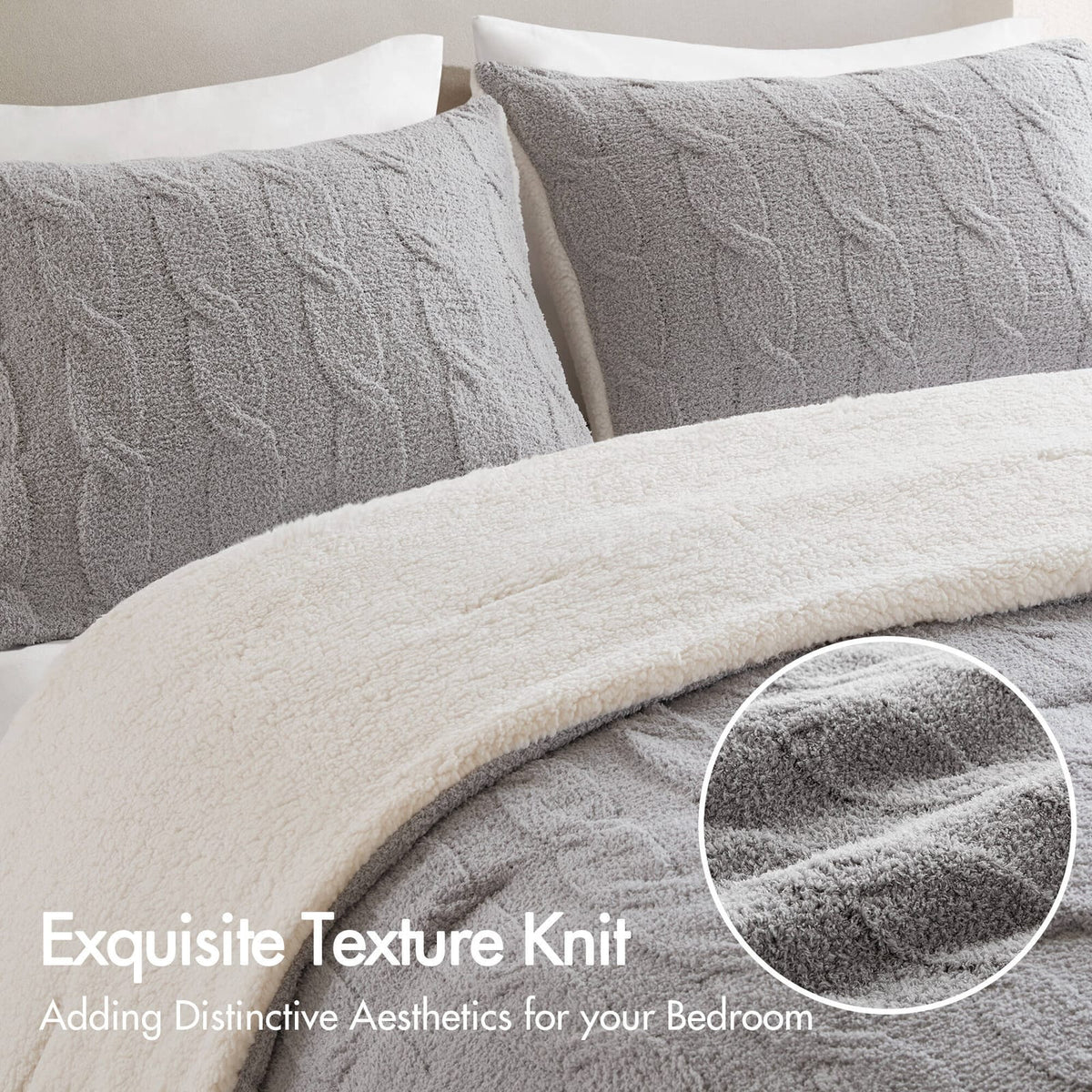 3 Pieces Full/Queen Cable Knit Chenille Comforter Set, Gray - Luxurious Comfort &