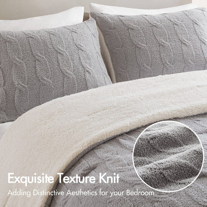 3 Pieces Full/Queen Cable Knit Chenille Comforter Set, Gray - Luxurious Comfort &