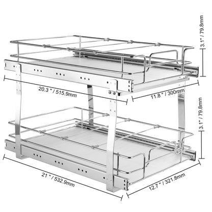 Silver Metal Cabinet Organizer - 2 Tier Pull Out Shelves