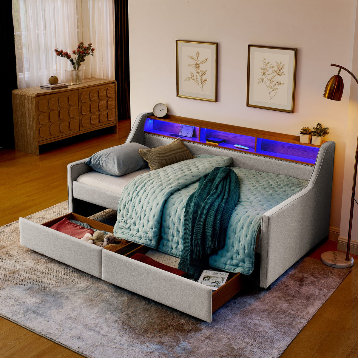 Twin Size Beige Sofa Bed with LED Lights & Storage