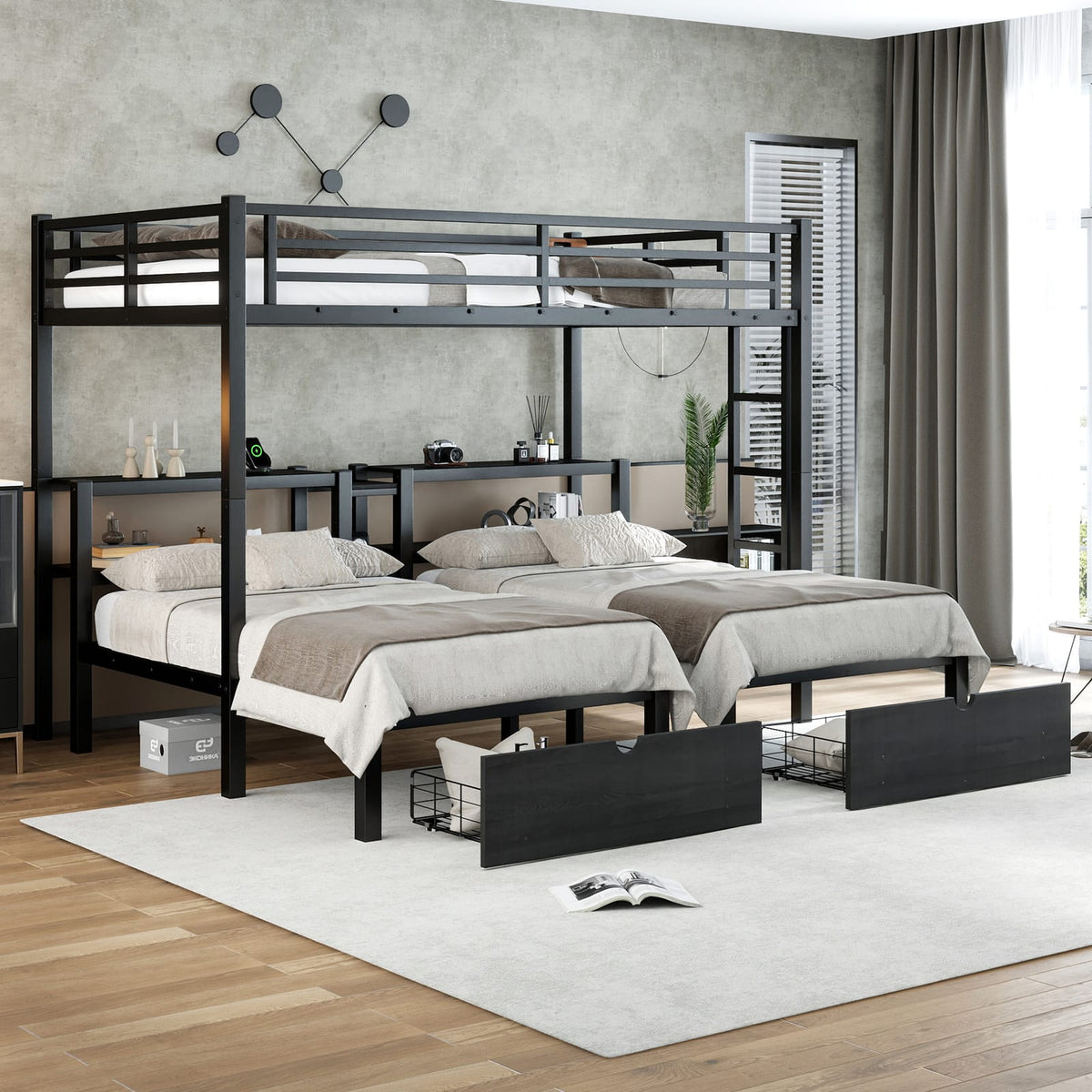 Triple Bunk Bed with Drawers - Black Metal Frame for Bedroom