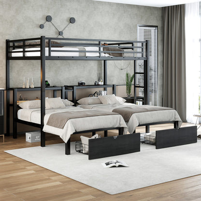 Triple Bunk Bed with Drawers - Black Metal Frame for Bedroom