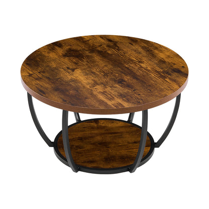 Modern Round Coffee Table - 2 Tier Wooden Center Table with Open Storage - Rustic Brown