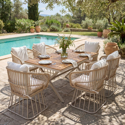 Outdoor 7-Piece Dining Set - Teak Wood Table & Beige Steel Chairs, Patio Furniture