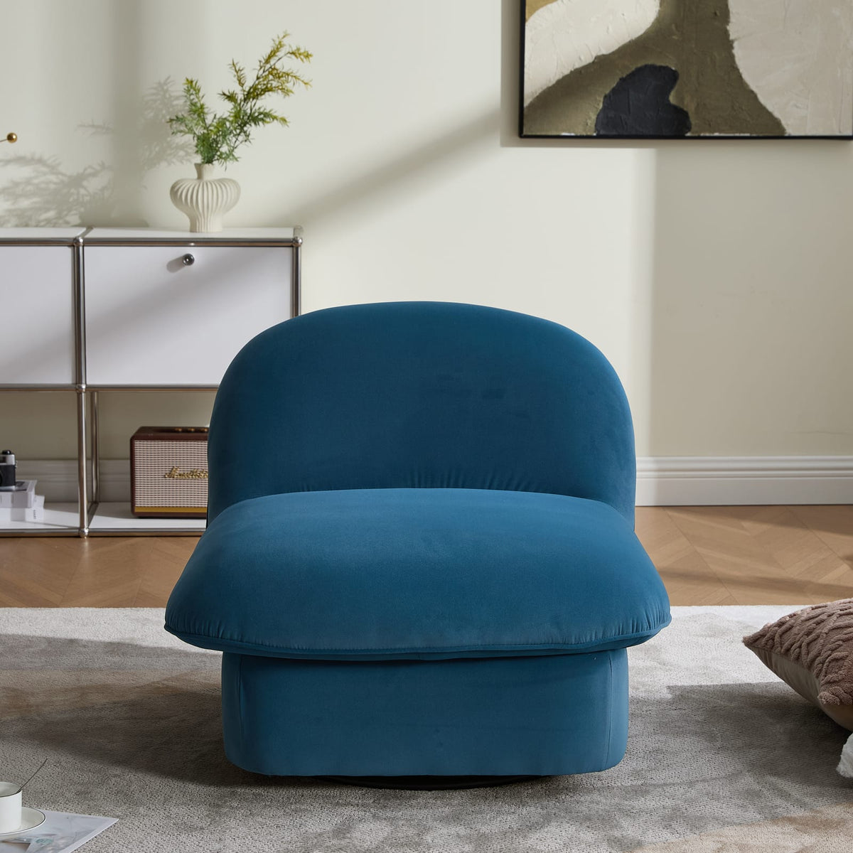 Swivel Accent Chair - Smoke Blue Velvet, 360° Base for Living Room