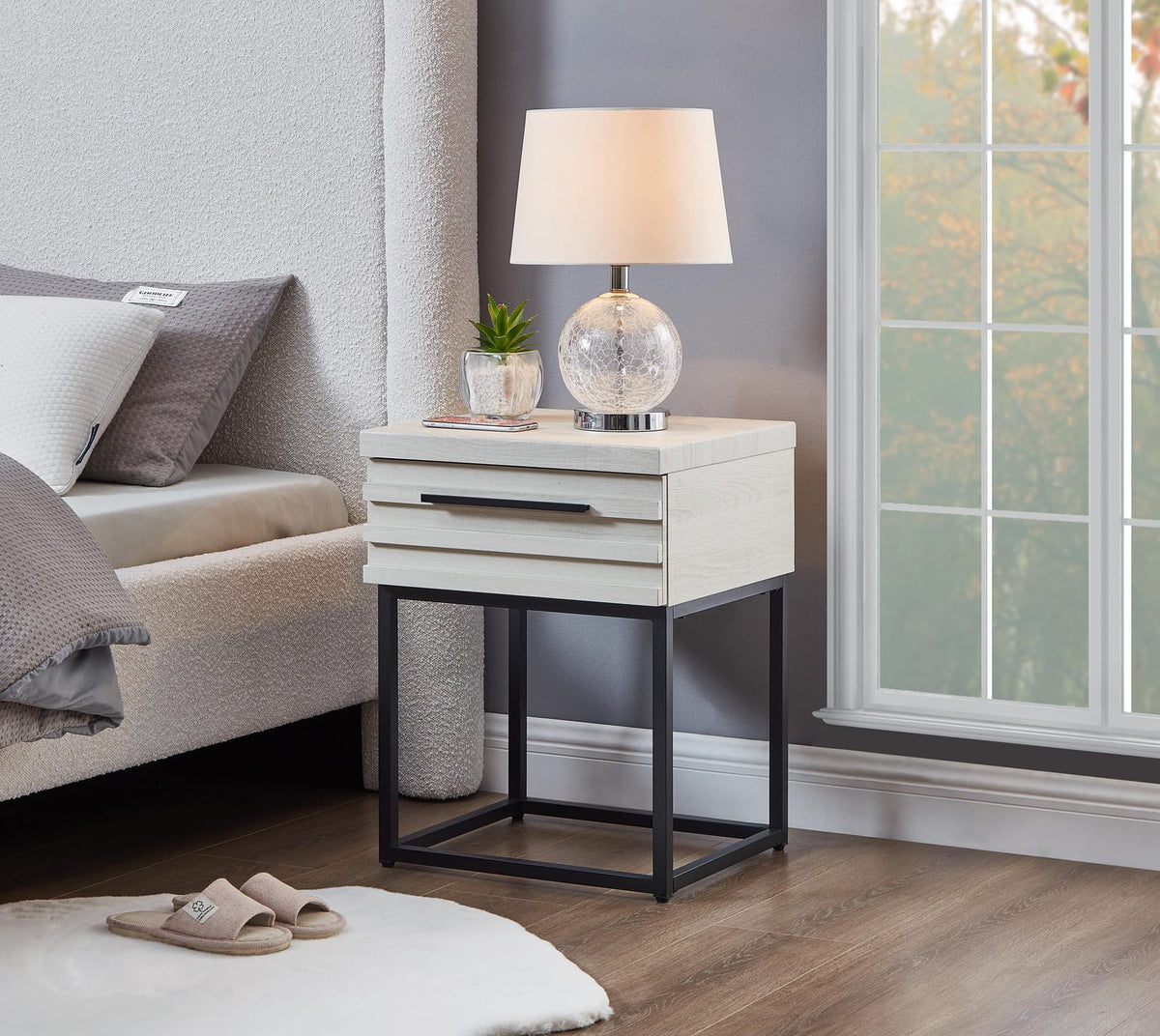 Celestial Contemporary Storage End Table - White Wood Metal
