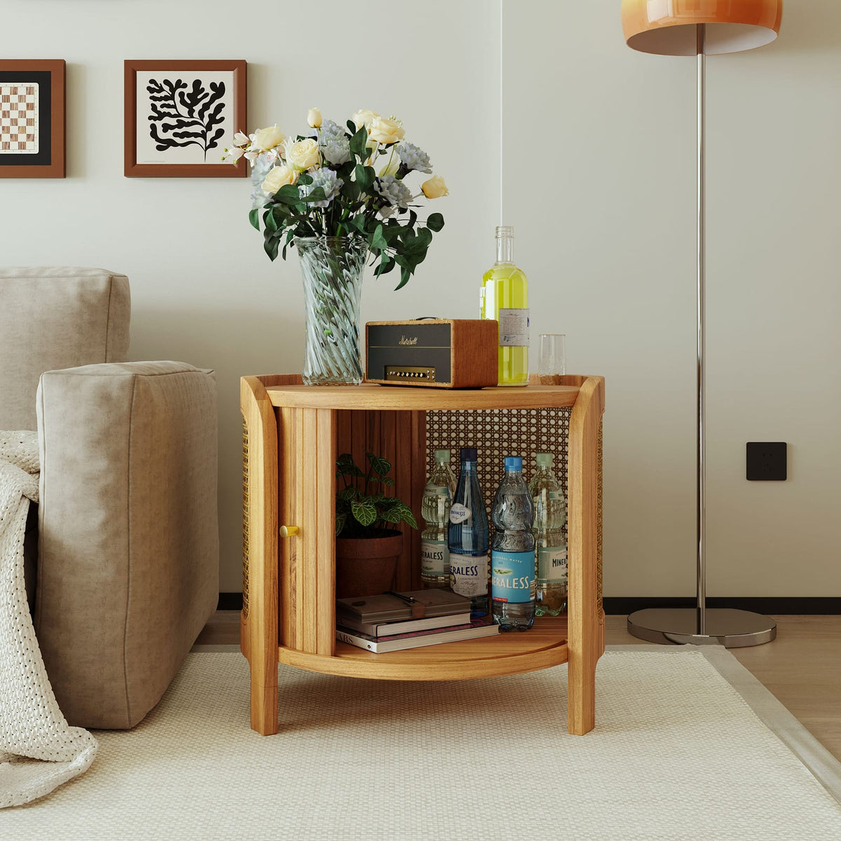 Antique Brown Round Coffee Table with Rattan & Storage for Living Room