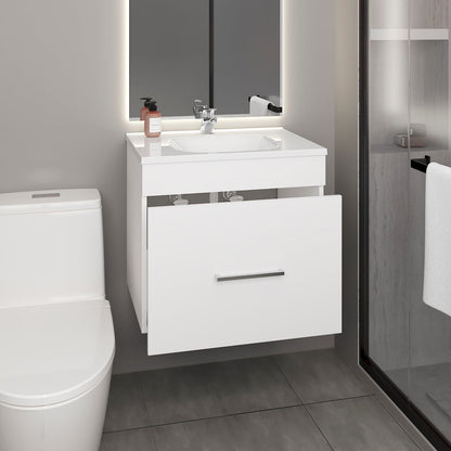 White Bathroom Vanity with Two Drawers & Open Shelf - MDF Storage