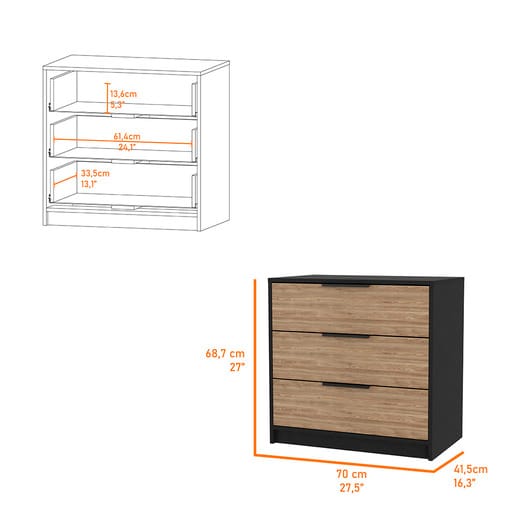Multicolor Industrial Particle Board Three Drawer Bedroom Dresser