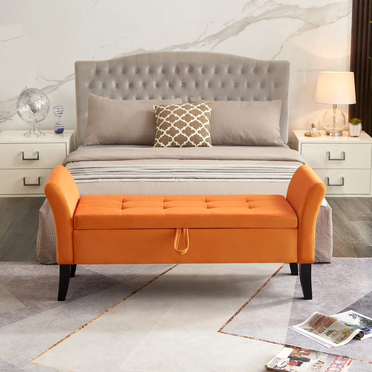51.5" Orange Velvet Bed Bench with Storage for Bedroom