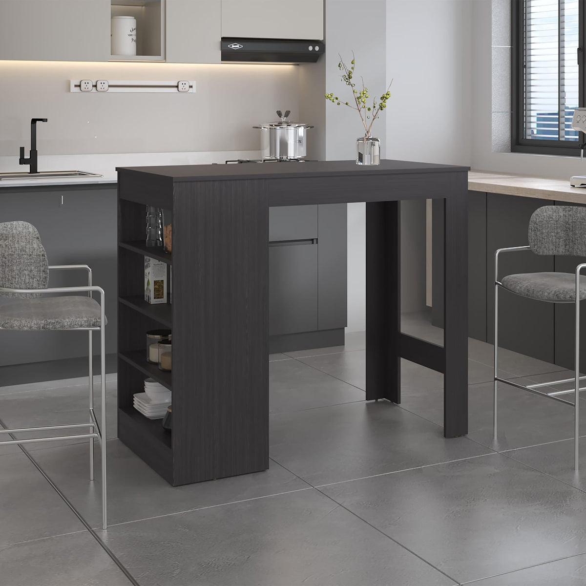 Black Counter Table with Shelves - Modern Dining Table for Living Room