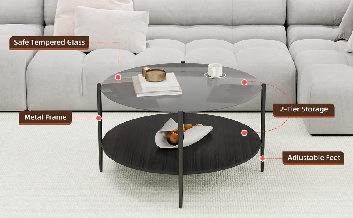 Black Oval Coffee Table with Glass Top & Wooden Shelf
