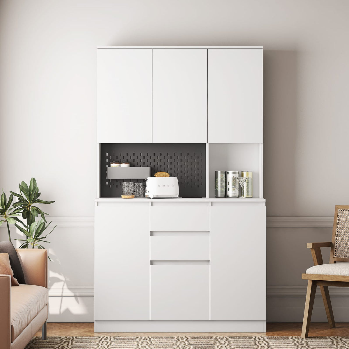74" Kitchen Pantry Cabinet - White Particle Board Buffet Server