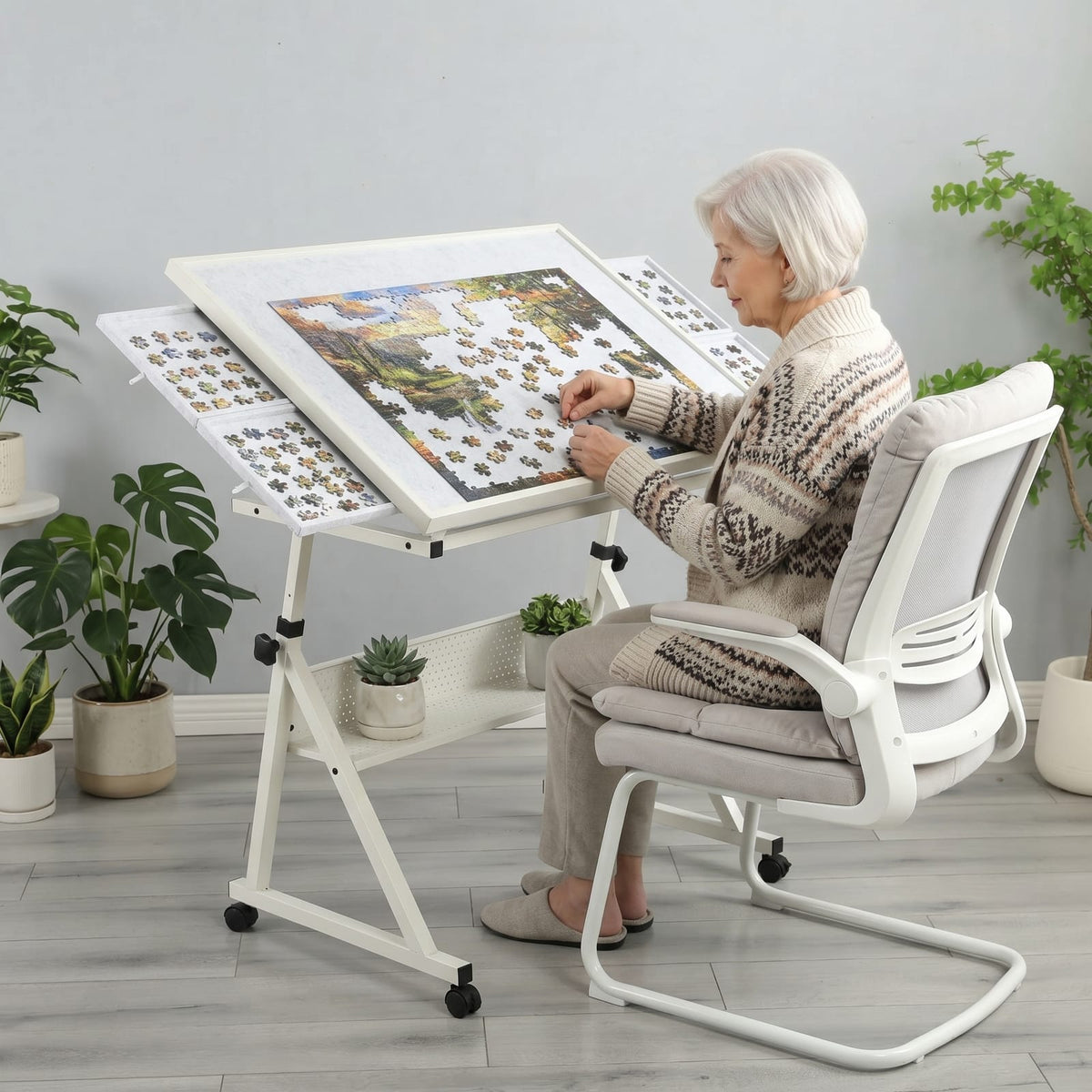 Adjustable Puzzle Desk with Storage Trays for Comfort