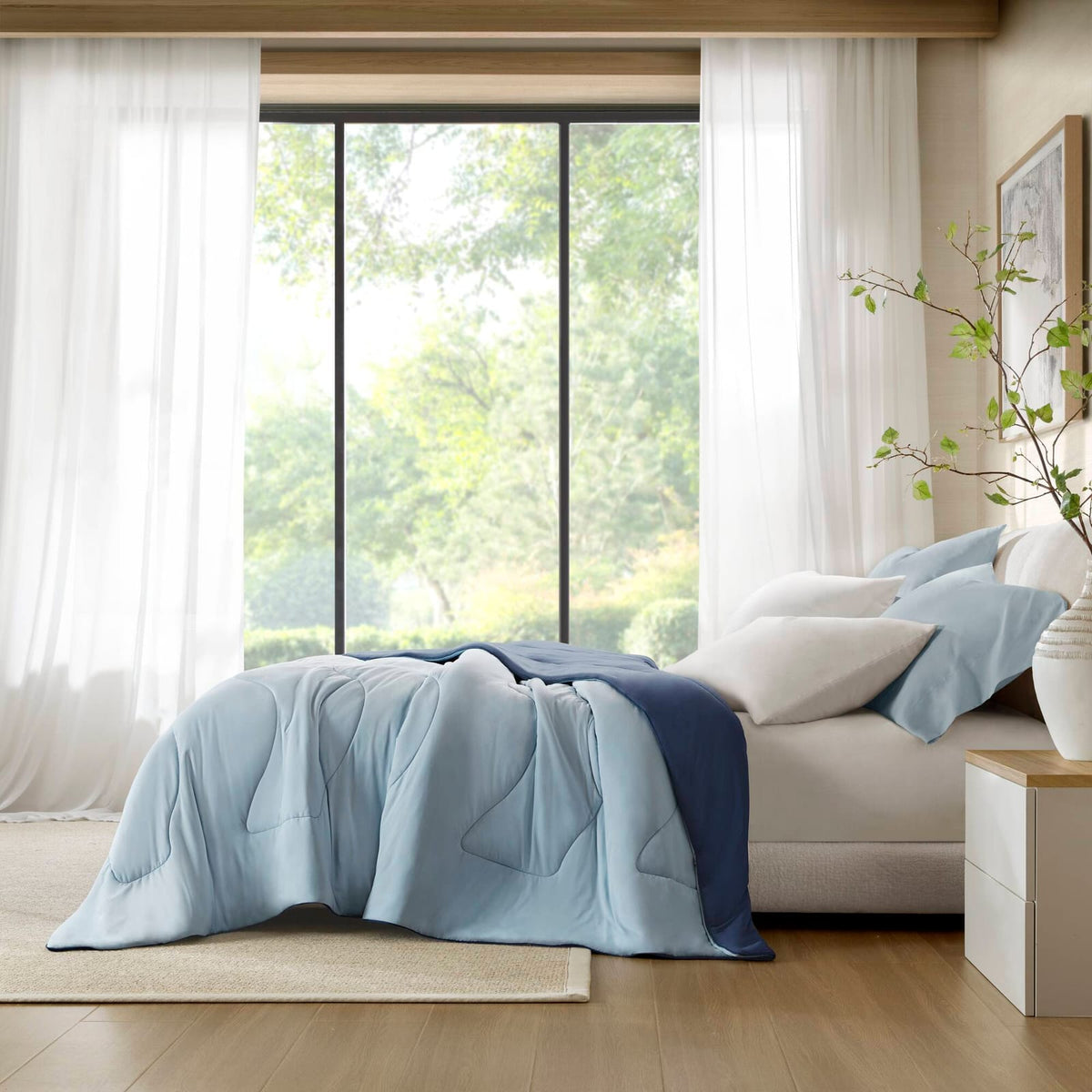 Full/Queen Reversible Tencel Comforter - Blue, Breathable & Cooling