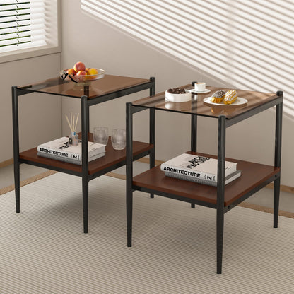 Set of 2 Rectangle End Tables - Brown Tempered Glass
