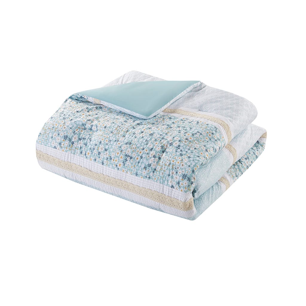Aqua Polyester Seersucker Comforter Set - Full/Queen