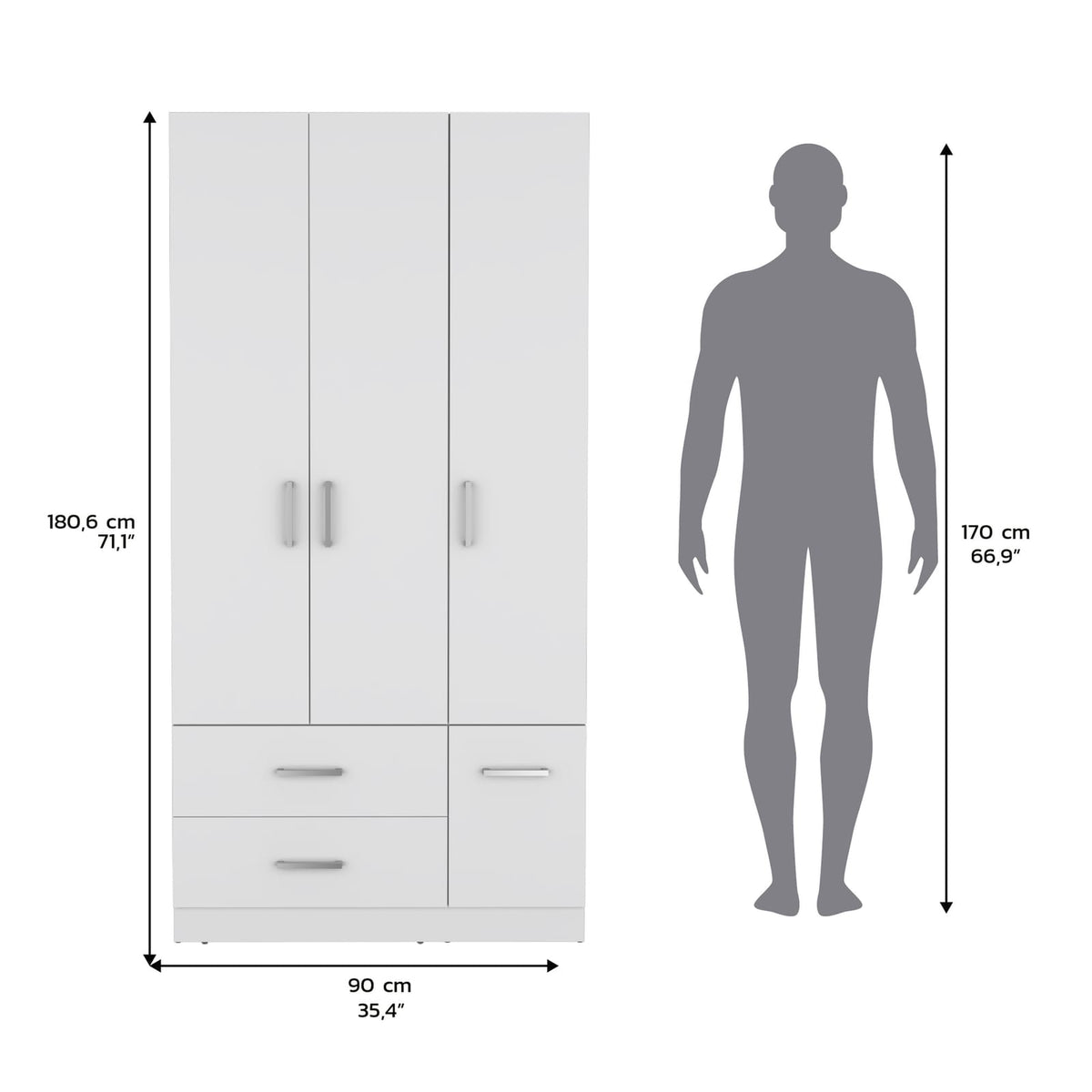 71" White Wardrobe with Hanging Rail & 6 Shelves for Bedroom