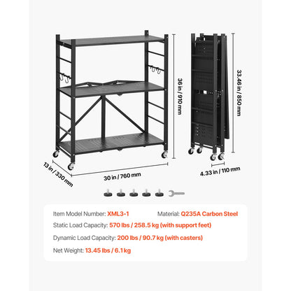 3-Tier Foldable Storage Shelf with Wheels - Black Steel for Living Room