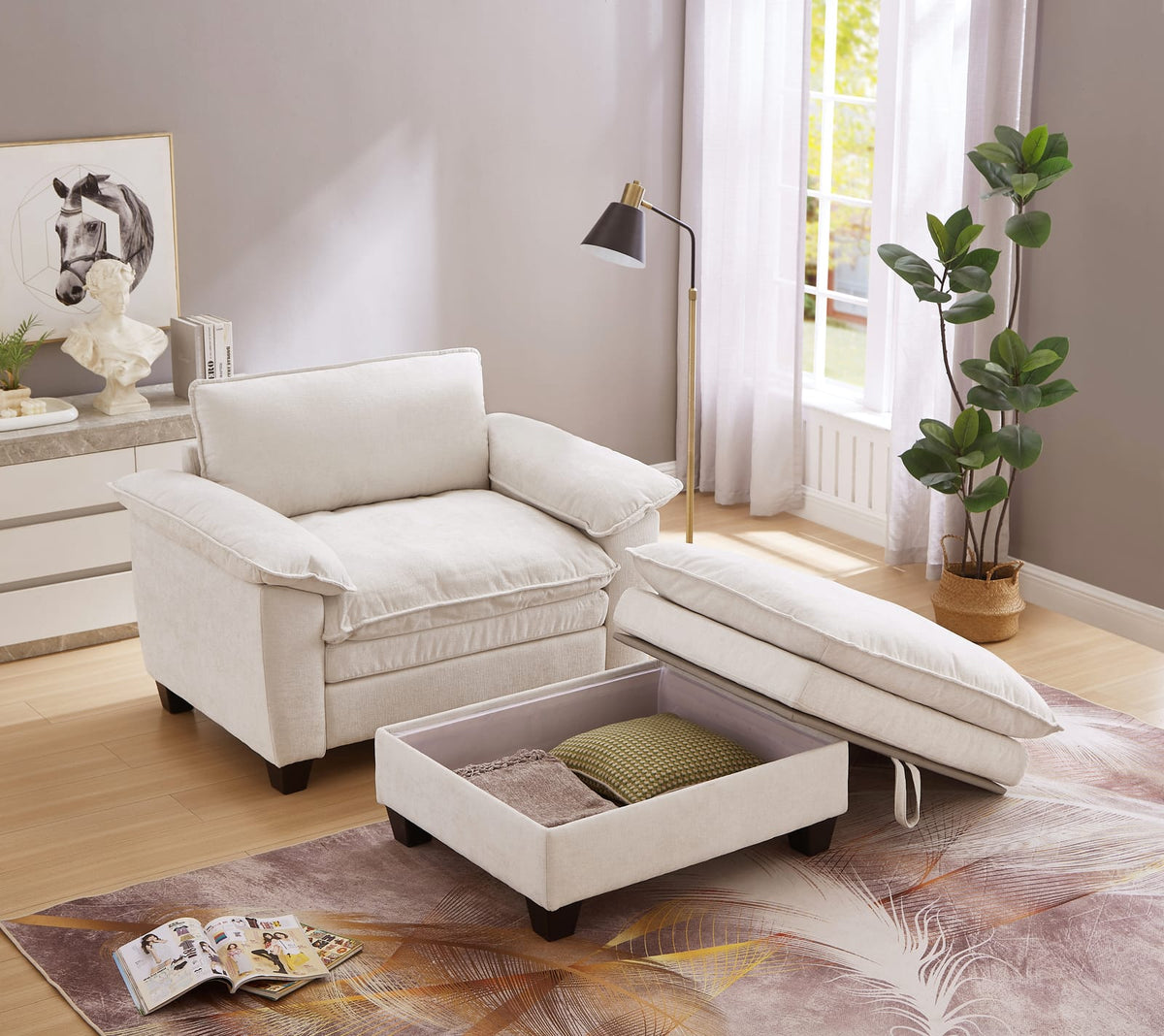 Beige Chenille Ottoman Sofa with Storage Seat for Living Room