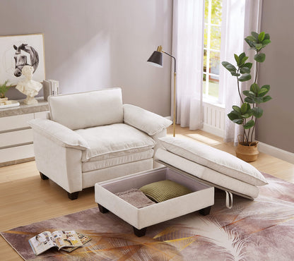 Beige Chenille Ottoman Sofa with Storage Seat for Living Room