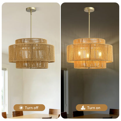 Boho Rattan Chandelier - 3-Light Rustic Ceiling Light