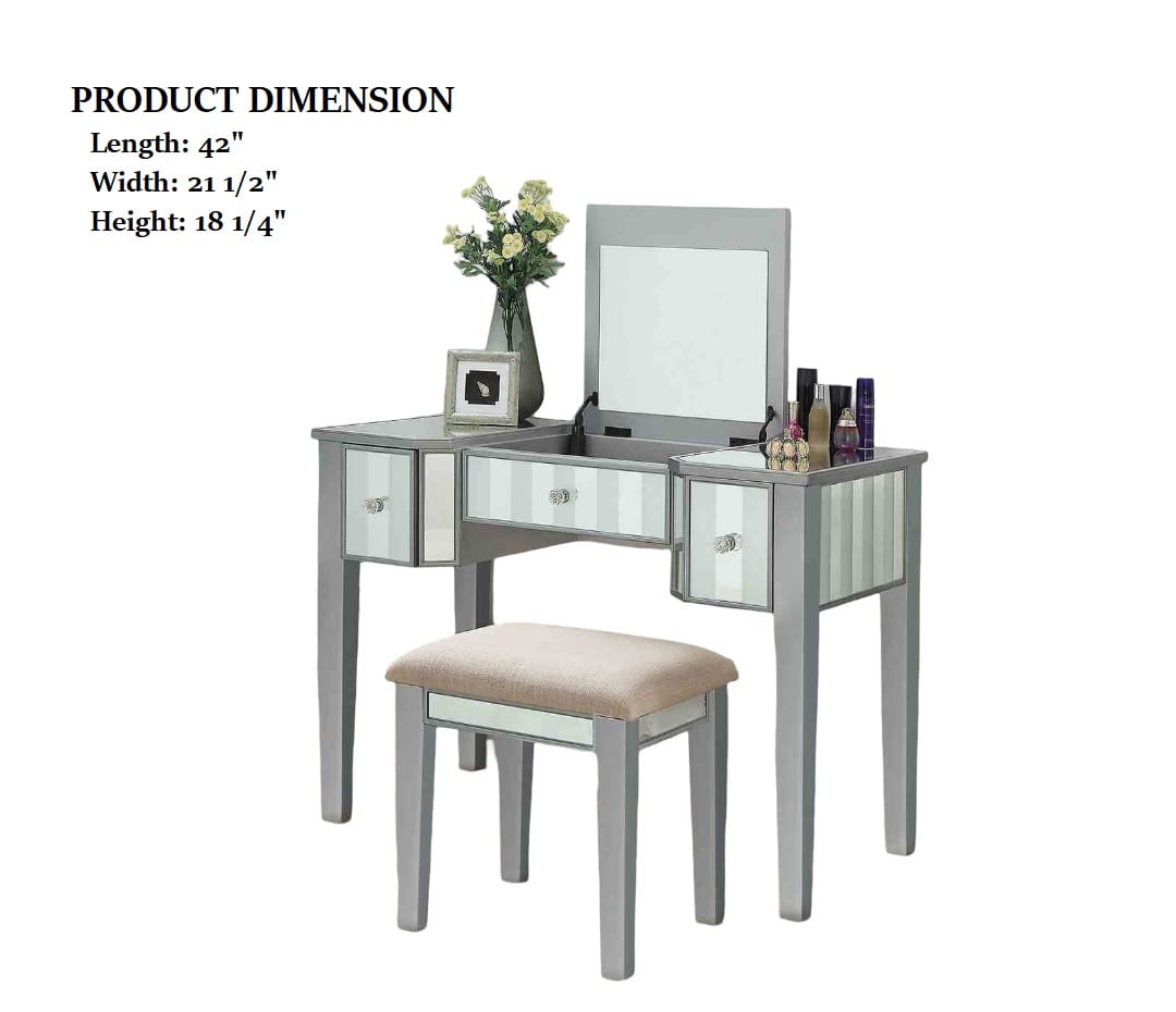 Solid Wood Transitional Vanity with Storage Drawers in Silver for Bedroom