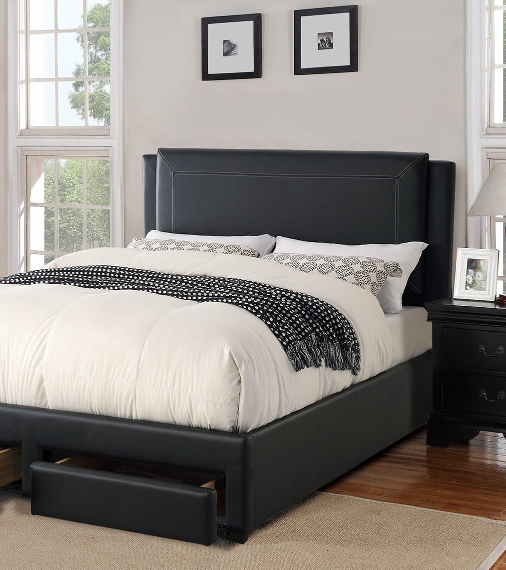 Queen Size Black Wood Bed Frame with Drawers