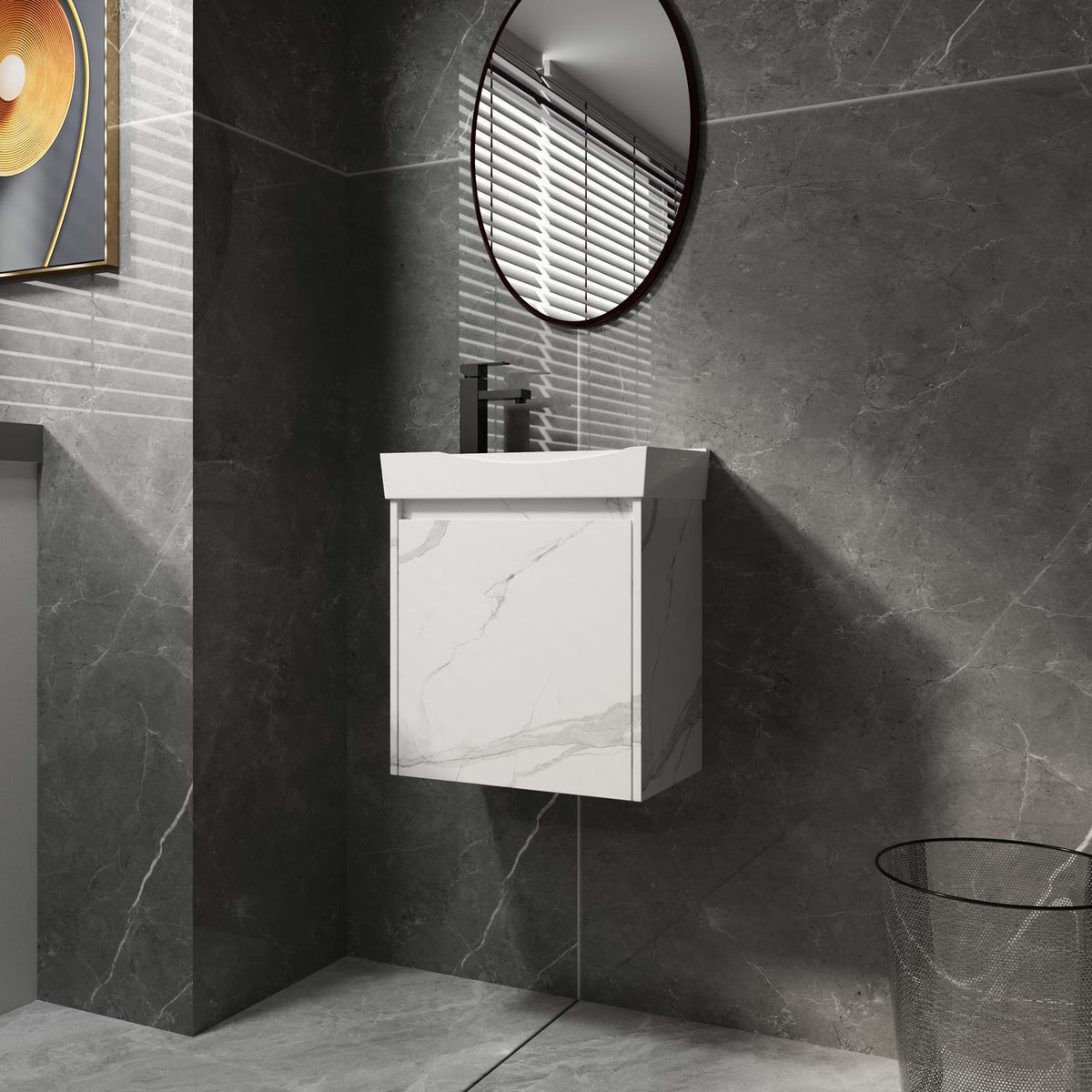 Carrara White Bathroom Vanity with Ceramic Sink - 19.69" Storage Cabinet