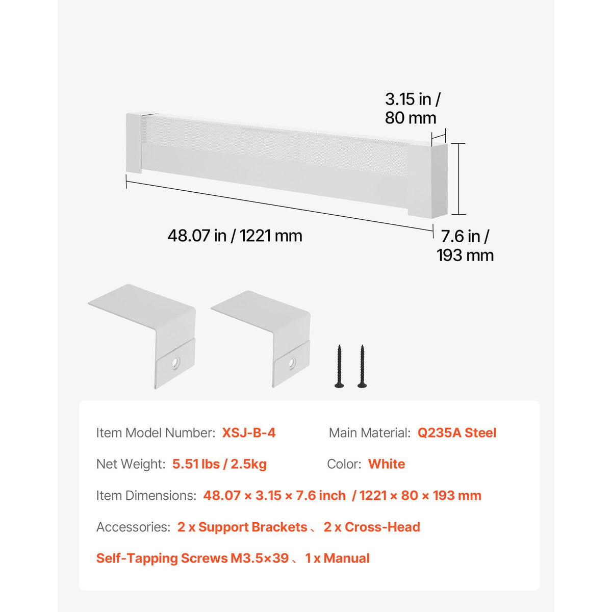 4ft White Baseboard Heater Cover - Steel Protection