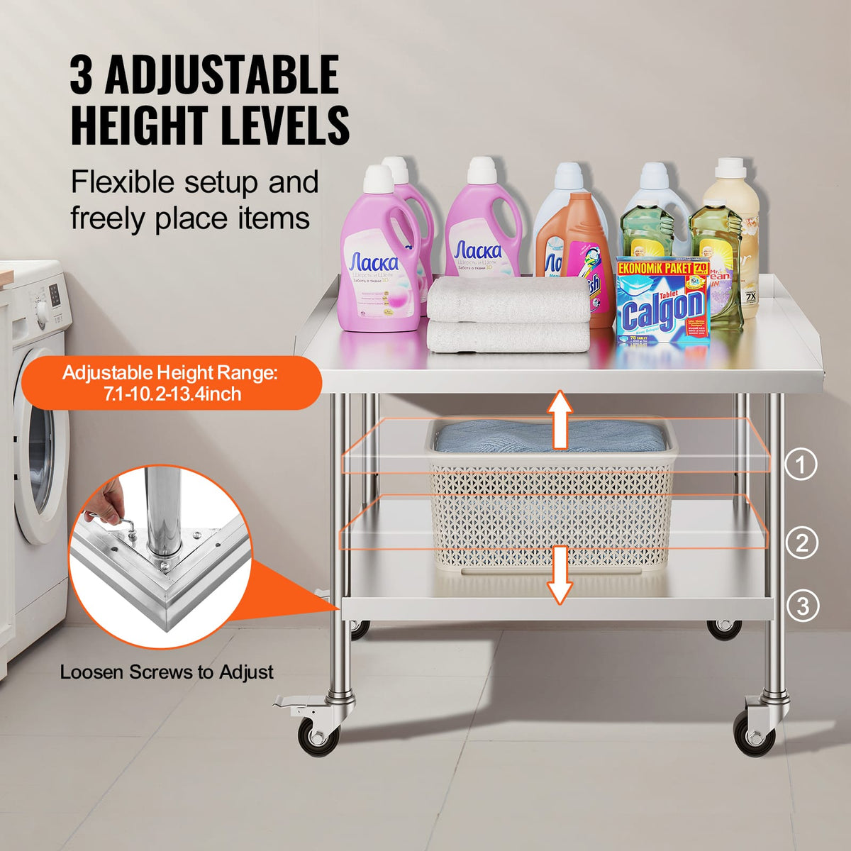 30 x 36 Stainless Steel Work Table - 3 Shelves, Wheels, Silver for Living Room