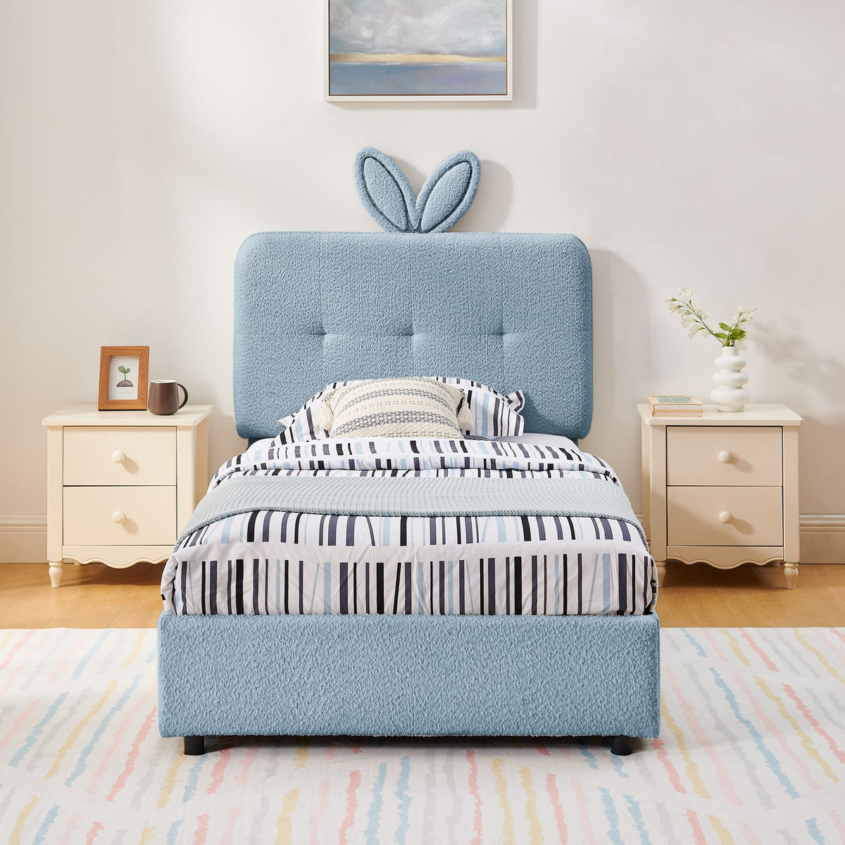 Twin Kids Bed with Storage Drawers - Navy Boucle Fabric
