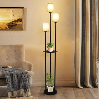 3-Light Rattan Metal Floor Lamp with Shelves - Brown Black Bedroom Lighting