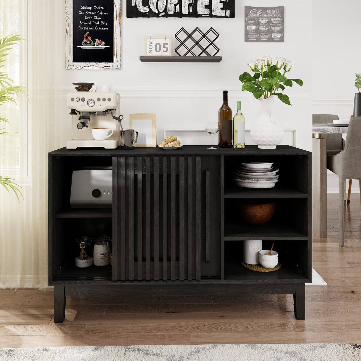 47.3" Farmhouse Sideboard Buffet - Black Wood MDF Storage Cabinet