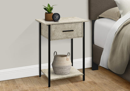 24" Black Metal Accent Table with Cream Stone Drawer for Living Room