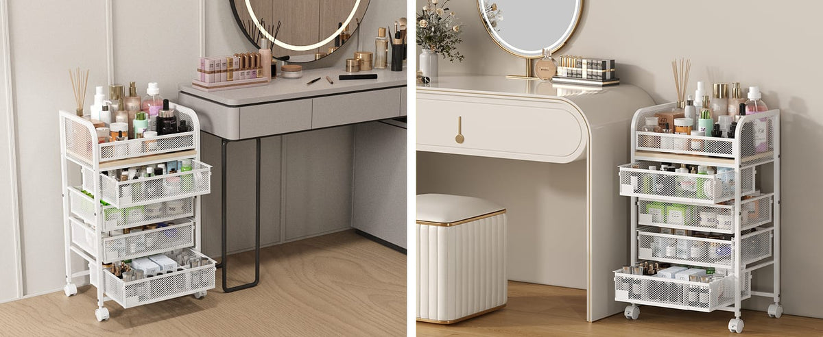 White Makeup Organizer with Wheels - 4 Drawers for Vanity Storage